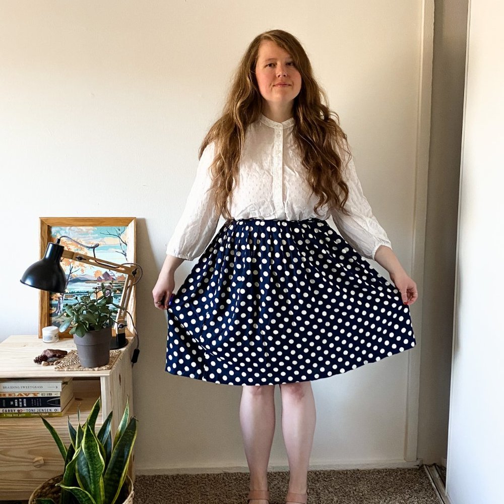 Vintage Navy Polka Dot High Waisted A Line Pleated Midi Skirt, Size 12
